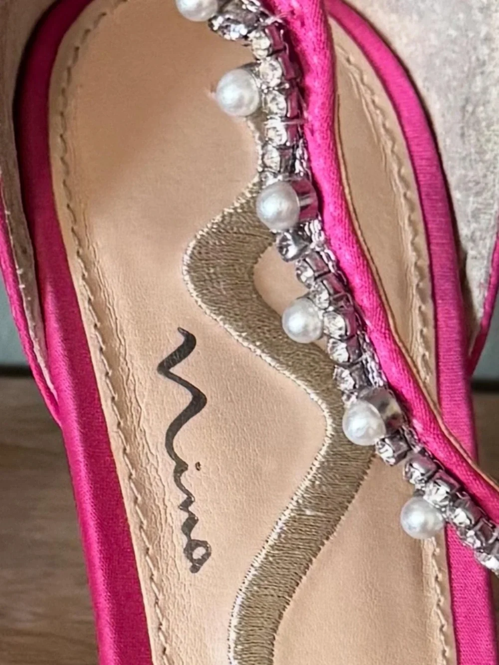 Nina Pink Satin Heels Size 9M Pearl Rhinestone Strap Stiletto